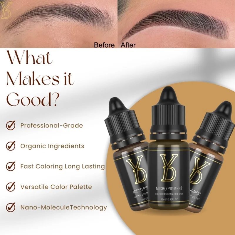 YDPMU 12ML Hairstroke Eyebrow Permanent Makeup Ink Organic Liquid Pro Nano Brows Tattoo Pigments Supplies for Machine Artists