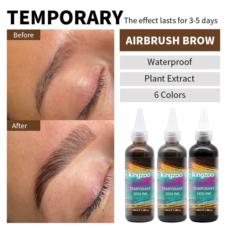 Kingzoo Airbrush Brow Ink Waterproof Semi Permanent Eyebrow Tint Spray Pigment for Brows Beard 30ML 6 Colors